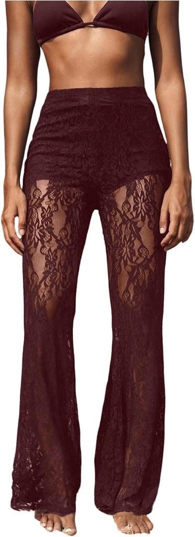 RoseSeek Women's Floral Lace Sheer Mesh Flare Pants Elastic High Waisted Long Trousers (Red, XS)
