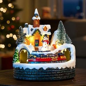 Animated Musical Christmas Village Figurines - Church Building and Snowman Statues with Rotating Train, LED Lights and Music - Battery & USB Powered Xmas Gifts and Festive Home Collection Decorations