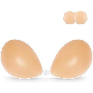 Niidor Adhesive Bra Strapless Sticky Invisible Push up Silicone Bra for Backless Dress with Nipple Covers (Creme)