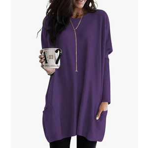 Poetsky Fall Womens Tunic or Tops to Wear with Leggings Long Sleeve Casual Long Shirts with Pockets, Size L