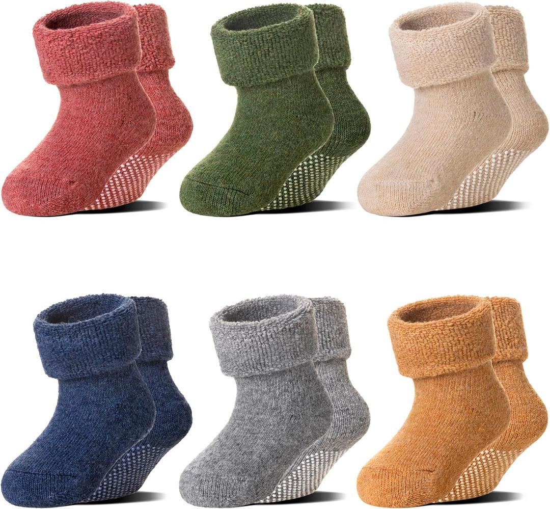 6 Pairs Baby Boy Girl Non Slip Socks Child Toddler Winter Thick Soft Wool Kids Warm Socks with Grips (1-3T, Solid Color B)