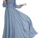 Dusty Blue Long Sleeve Mother of The Bride Dresses for Women Chiffon Formal Elegant Mother of Groom Dress for Wedding Size 14