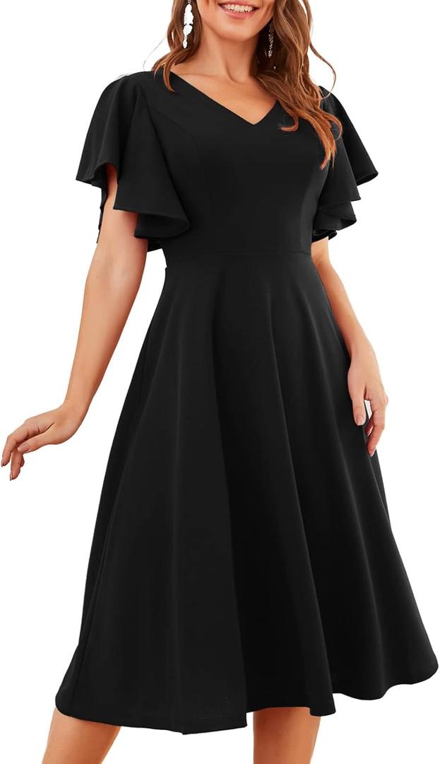 Bridesmay Women's Formal Wedding Guest Dress for Women 2026 Short Sleeve Fit and Flare Tea Party Dresses (Black, XXL)
