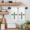 Chinoiserie Easter Christian Cross Kitchen Towels, Preppy Pink Bow Cross Religious Hand Towels for Bathroom Decor, Grandmillennial Easter Dishcloths Dish Towel for Kitchen 16x24 Inches Set of 2 (Color_9)