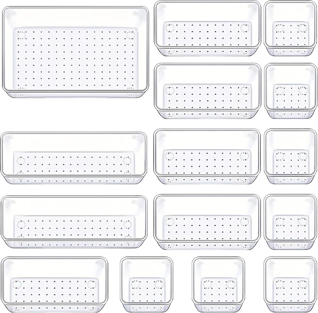 Manalete Drawer Organizers Set of 15, 4 Sizes Clear Plastic Drawer Organizers and Storage Bins for Kitchen, Bathroom, Office, Dresser Desk Drawer Organizer Tray for Jewelry, Makeup, Junk, Gadgets