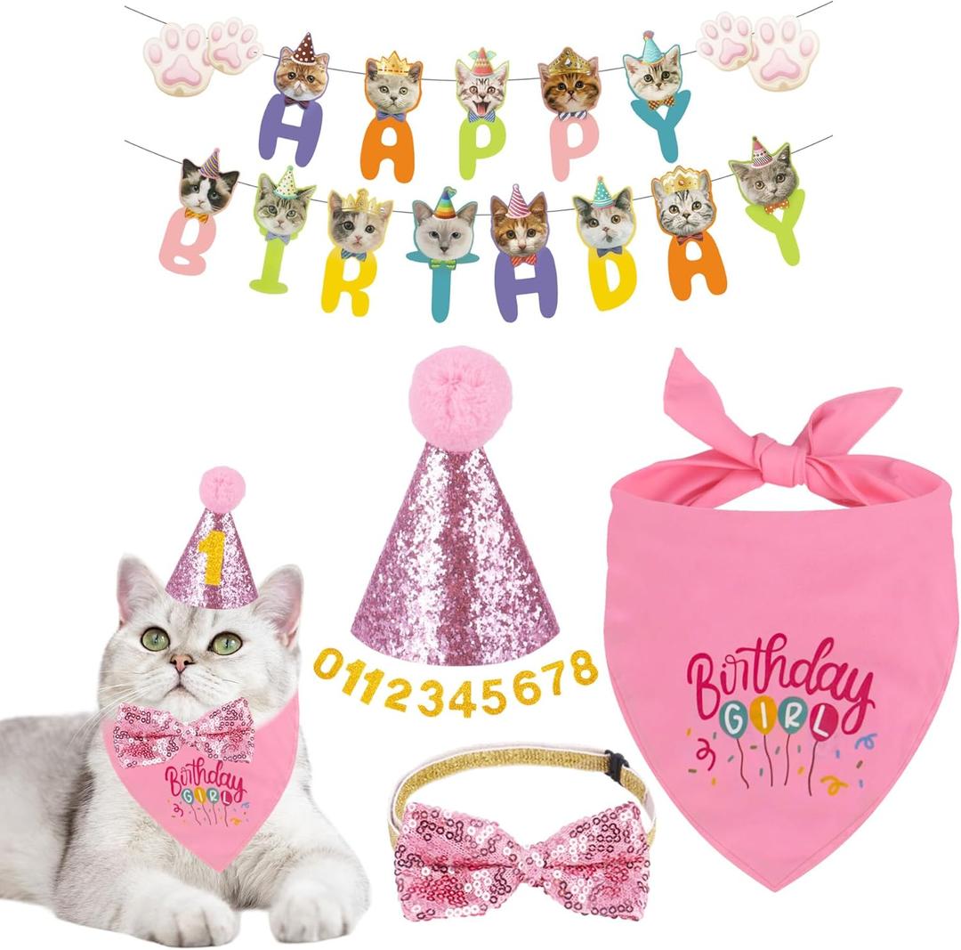 Cat Birthday Decorations Cat Birthday Hat with Number Bandana Banner Bow Tie for Cats Kittens Birthday Outfit Pink