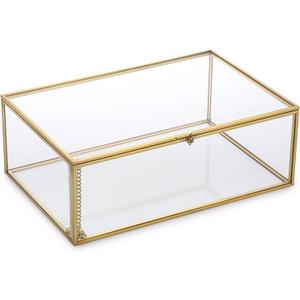 Hipiwe Vintage Glass Keepsake Box - Rectangle Jewelry Display Organizer, Vanity Lidded Home Decor Accent for Storage Trinket Rings Bracelet Rock - X-Large (Gold)