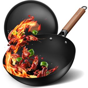 Sanho 12"/30cm Carbon Steel Wok Pan, 4QT Nonstick Wok with Lid, No Seasoning Required & 0 Coating, Compatible with All Cooktops & Utensils for Healthy Stir Frying, Frying, Boiling, Steaming