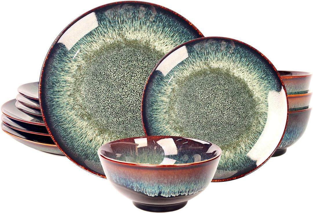 Dinner Set 12 Pieces - Round Reactive Glaze Tableware - Kitchen Dinnerware Porcelain Crockery with Dinner Plate, Bowl and Soup Plate Service for 4, Microwave Dishwasher Safe, Set (No.2)
