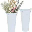 vensovo 9" Tall Galvanized Flower Bucket, 2 Pcs French Metal Vases with Handles, Tabletop Rustic Floral Buckets for Dried Flowers, Wedding Flower Bar & Home Decor, Pure White
