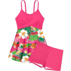 Girls Swimsuits Criss Cross Tropical Print Mesh Dress Bathing Suits with Shorts 2 Piece Tankini for Teens (9-10 Years, Pink)