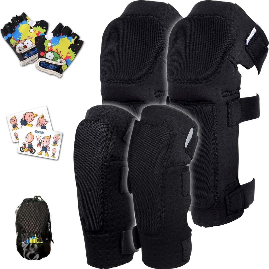 Soft-Style Kids Knee and Elbow Pads with Bike Gloves, Flexible Impact-Resistant Gear for Ages 2-11, Designed for Balance Bikes, Roller-Skating, and Skateboarding ((2nd Gen) Black, Small)