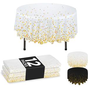 NORZEE 12-Pack White Disposable Plastic Tablecloths, 84" Plastic Table Cloth, Round Table Cover Gold CONFETY (12, White Gold)