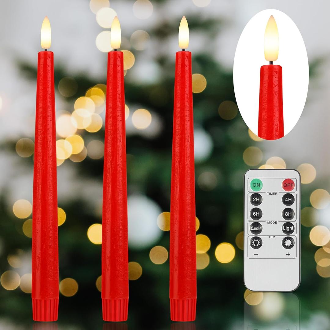 AFINETH Red Flameless Taper Candles with 3D Wick, 9.6" Real Wax LED Candles with Remote and Timer, 3 Pack Flickering Candlesticks Battery Operated, Classic Tall Taper Candle for Home, Wedding, Party