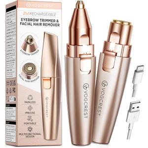 VG VOGCREST Eyebrow Facial Trimmer: 2 in1 Rechargeable Facial Hair Removal and Eyebrow Shaver - Face Lips Body Painless Facial Razor with Built-in LED Light (Rose Gold)