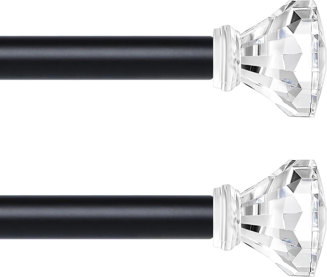 Black Decorative Crystal Curtain Rods 2 Pack:Heavy Duty Adjustable Window Curtains Rods for Living Room Bedroom,Matte Black Modern Acrylic Drapery Rod with Clear Bling Diamond Finials,18-45"