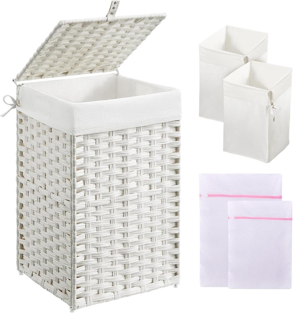 Greenstell Laundry Hamper with Lid, 60L Clothes Hamper with 2 Removable Liner Bags & 2 Mesh Bags, Handwoven Synthetic Rattan Basket, Toys in Bathroom, Bedroom White (60L (13.4 x 13.4 x 21.7 inches))