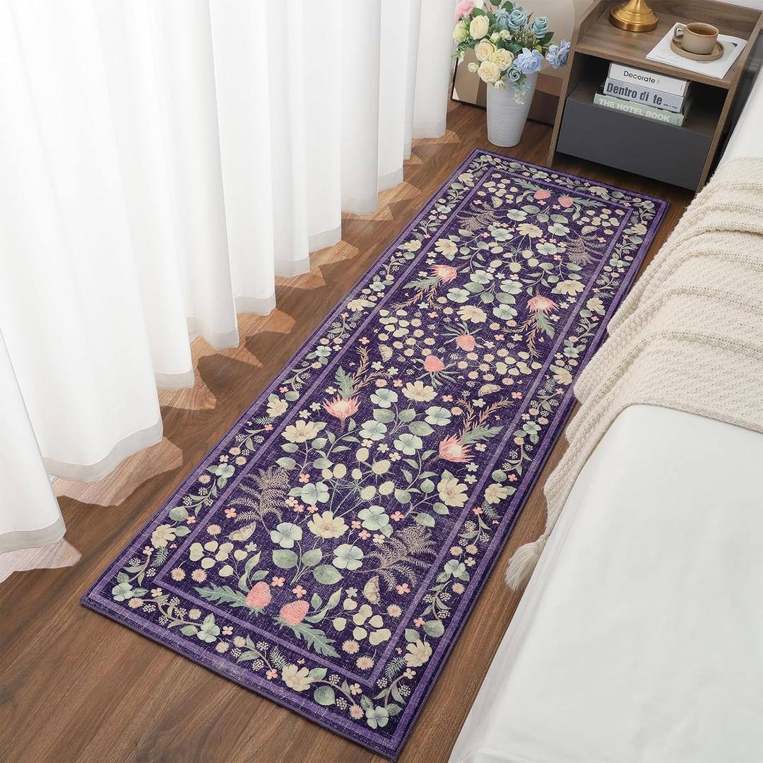 Przemy Runner Rug for Bedroom, 2x6 Washable Floral Runners Rug, Non Slip with TPR Backing Rustic Carpet for Kid's Bedside Living Room Entryway Hallway Kitchen, Purple, Pack of 3