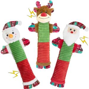 3 Pack Christmas Dog Toys, No Stuffing Squeaky Chew Toys with Squeaker and Crinkle - Santa, Reindeer and Snowman, Flat Plush Puppy Toy for Interactive Tug-of-War Play