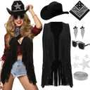 Tiamon Western Costume Accessories for Women Cowgirl Tassels Fringe Vest Cowboy Hat Rhinestone Earrings Glasses Paisley, Size XL