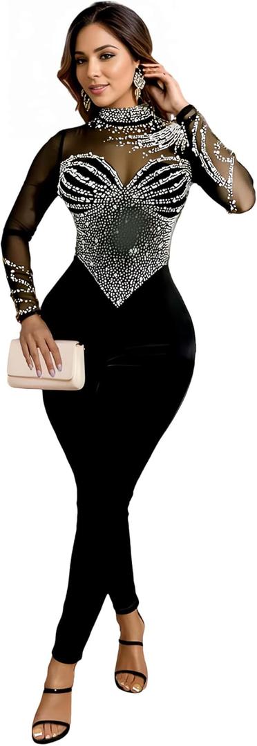 Sparkly Rhinestone Embellished Jumpsuit Sexy Birthday Outfits for Women (Small, C6912-black)