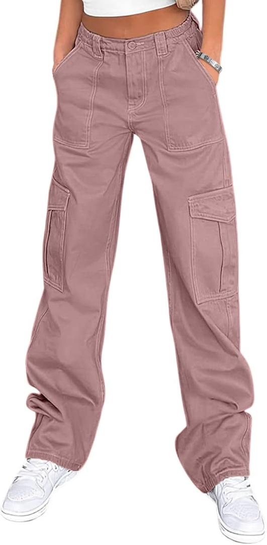 Lepunuo Cargo Pants for Women High Waisted Casual Pants Baggy Stretchy Wide Leg Y2K Streetwear with 6 Pockets (X-Large, Purple Gray)