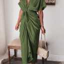 Women Elegant Satin Button Down Short Sleeve Maxi Shirt Dress with Belt (Small, 01-army Green)