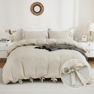 Annadaif Beige Duvet Cover Queen(90x90 Inch), 3 Pieces (1 Duvet Cover, 2 Pillowcases) Soft Washed Microfiber Bow tie Bowknot Duvet Cover Set, Easy Care Bedding Set for Men, Women
