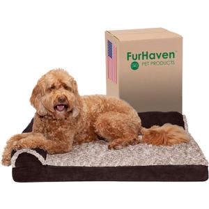 Furhaven Orthopedic Dog Bed for Large/Medium Dogs w/ Removable Bolsters & Washable Cover, For Dogs Up to 55 lbs - Two-Tone Plush Faux Fur & Suede L Shaped Chaise - Espresso, Large