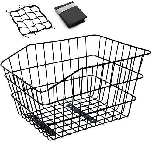 ANZOME Rear Bike Basket, Waterproof Metal Wire Bicycle Basket with Adjustable Cargo Net and Waterproof Rainproof Cover Fits to Most Rear Bike Racks