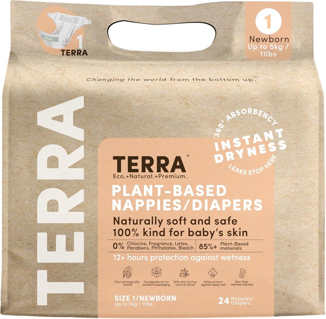 Terra Size 1 Newborn Diapers: 85% Plant-Based, Ultra-Soft & Chemical-Free for Sensitive Skin, Superior Absorbency for Day or Nighttime Diapers, Designed for Newborns up to 11 Pounds, 24 Count