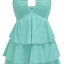 Verdusa Women's Wedding Guest Babydoll Halter Dress Tiered Layered Textured Backless Flowy Short Summer Dress (Mint Green, Medium)
