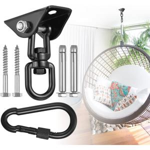 Hammock Hanging Kit, Hanging Chair Hardware 360Rotating 1200 lb Capacity Hammock Hooks Heavy Duty, Hammock Chair Hanging Kit & Swing Ceiling Hook Snap for Hammock Chair Stand, Seat, Tree, Yoga, Gym (Black)