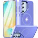 for Samsung Galaxy S24 FE Case [Compatible with Magsafe] [9H Glass Screen Protector] [Metal Camera Lens Stand] Translucent Matte Back Skin-Touch Phone Cover Case for Galaxy S24 FE