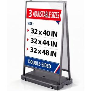 32 in Wide A Frame Sidewalk Sign with Wheels, Double Sided Poster Stand
Fits Custom 31.5 in Wide Posters in 40, 44, or 48 in Heights with a Double Sided Frame, Fillable Base, and Wheels