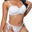MakeMeChic Women's Plus Size Bikini Set Textured Underwire Push Up Tie Side Scallop Trim Swimsuit (M)