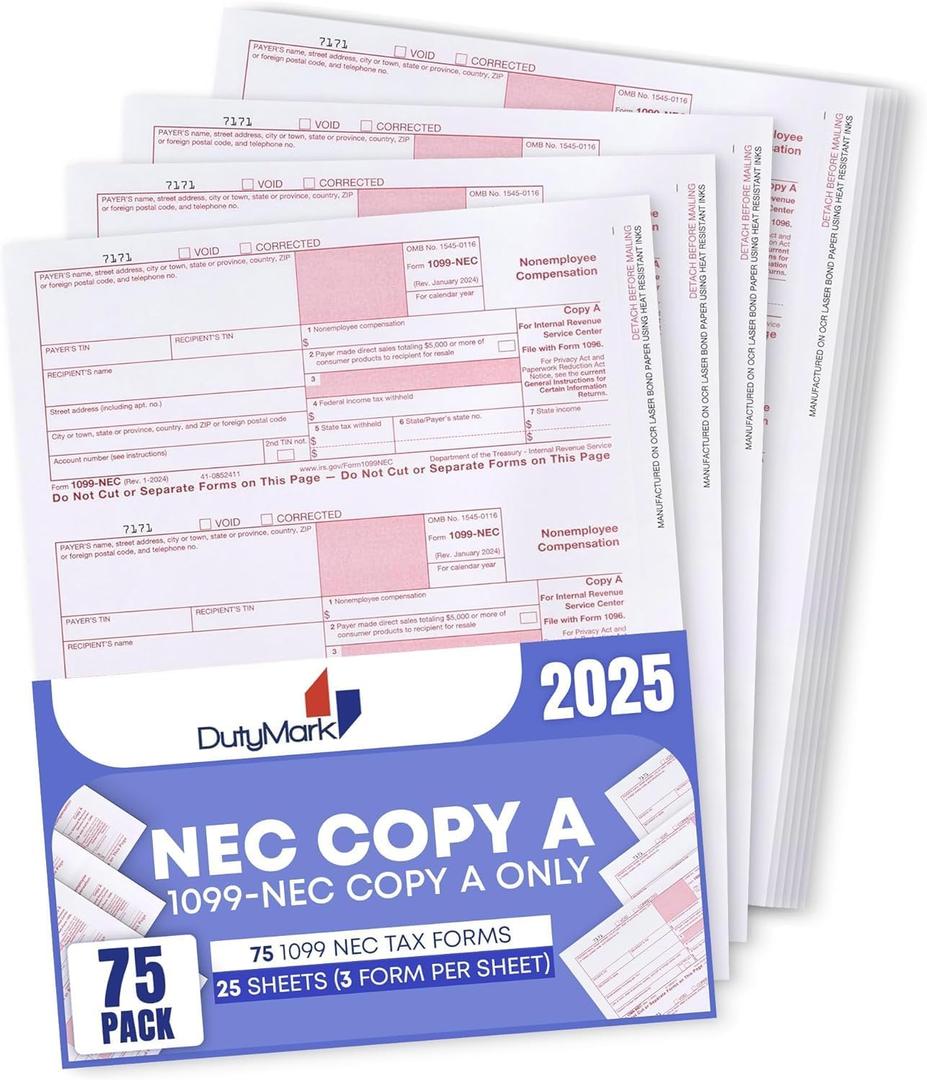 1099 NEC Copy A Forms 75 Forms (25 Sheets) Federal Income Laser Tax Forms, 2025