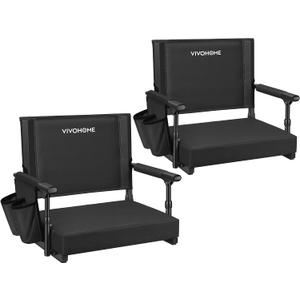 VIVOHOME Stadium Seats with Back Support and Cushion, 2 Pack Portable Bleacher Chairs with Cup Holder and Shoulder Strap, 18.1 x 14.0 x 17.1 in (Black)