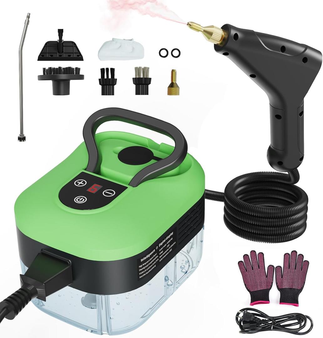 Steam Cleaner, Handheld Steam Cleaner for Home Car Furniture Bathroom, 2500W High Pressure Steam Cleaner, 1.2L Water Capacity, 6 Adjustable Speeds, 4 Brush Heads, Steamer for Cleaning (Green)