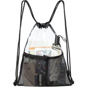 BORMELUN Clear Drawstring Backpack - Stadium Approved String Cinch Bag for Gym, Concerts, Clear Bag with Adjustable Straps Transparent (Black)