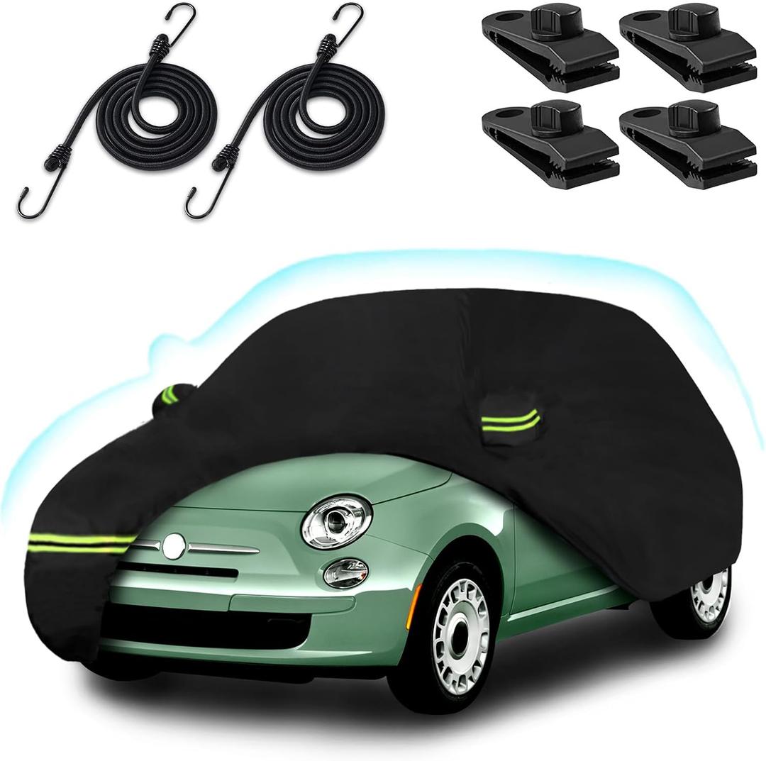 Car Cover for 2007-2026 Fiat 500/500C/500E Abarth/New Fiat 500 (Hatchback/Cabrio/3+1), 210T Waterproof Sun Rain Dust Snow Protection Outdoor Fiat Car Cover with Cotton Lining and Zipper Door-Black