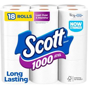 Scott 1000 Toilet Paper, 18 Rolls, Septic-Safe, 1-Ply Toilet Tissue