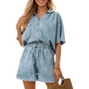 Zilcremo Womens 2 Piece Outfits Summer Denim Sets Short Sleeve Button Down Crop Jean Shirts High Waist Denim Shorts Sets (X-Large, Lightblue)
