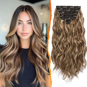 BARSDAR Highlight Clip in Hair Extensions - 20 Inch Wavy Clip in Hair Extensions for Women - 6PCs Soft Thick Synthetic Hair Extensions Clip ins Hairpieces Daily - Medium Brown & Blonde