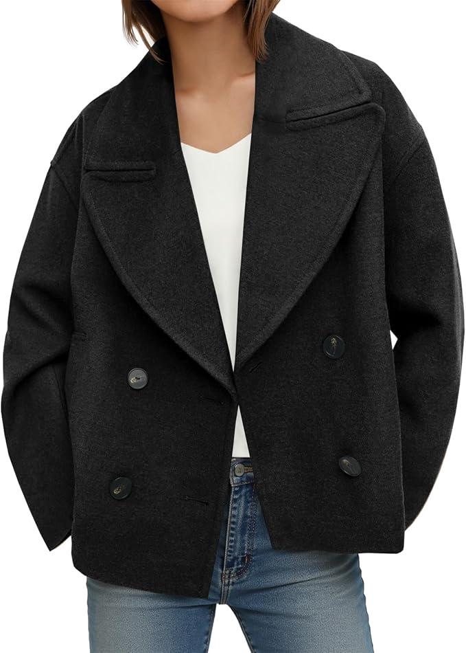Tankaneo Womens Cropped Wool Blend Pea Coat Casual Long Sleeve Double Breasted Notched Lapel Overcoat Jackets, XL