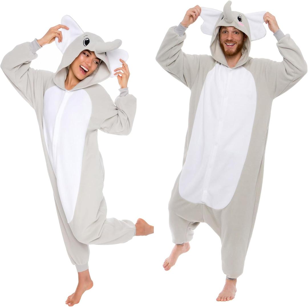 Funziez! Adult Onesie Halloween Costume Animal Dinosaur Shark Unisex Plush One Piece Cosplay Suit for Adults, Men and Women (Medium, Elephant)