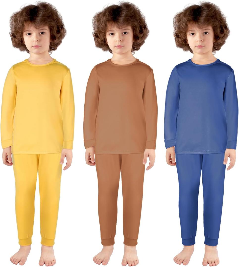 Silkfly 3 Sets 12M-12Y Kid Boys Girls Thermal Underwear Set Fleece Lined Long Winter Johns Base Layer Thermal Top and Bottom (7-8 Years, Dark Blue, Brown, Yellow)