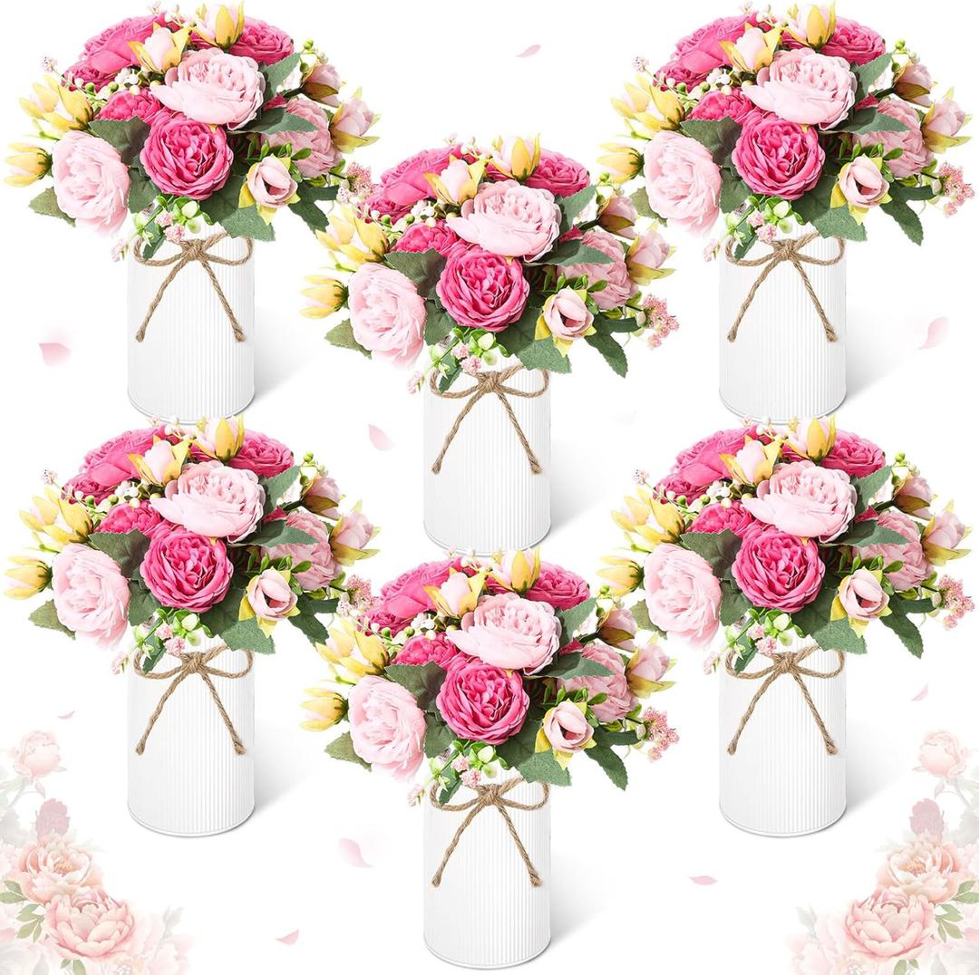 Domensi 6 Sets Wedding Floral Centerpiece for Table Decor, Artificial Peonies Silk Flowers Bouquet with Flower Foam and Metal Vase Faux Floral Arrangement for Bridal Shower Tea Party (Rose and Pink)
