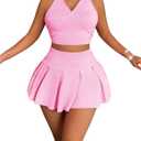 Women's 2 Piece Tennis Skirt Set Sleeveless Racerback Crop Tank Tops High Waisted Pleated Mini Skirt Outfits (Pink) M