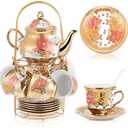 Zhehao 20 Pcs Porcelain Tea Set with Metal Holder and Spoon Adult Ceramic Tea Set European Flower Painting Teapot Cup Saucer Spoon for Women, Large Version(Stylish Style)